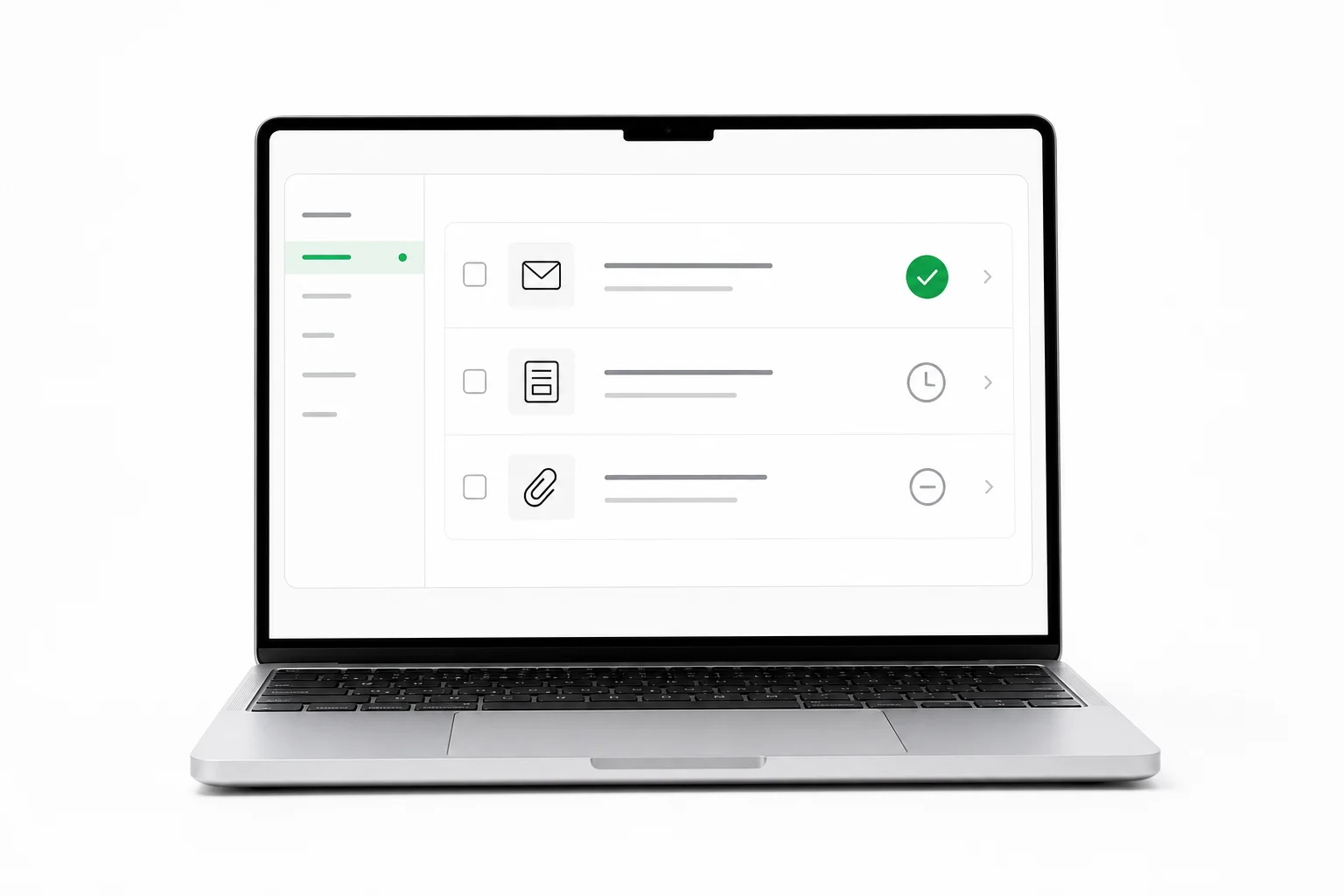 Laptop con correo, formulario y archivo reunidos en una sola bandeja de trabajo