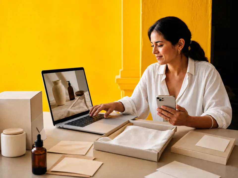 Emprendedora revisando la nueva imagen digital de su negocio