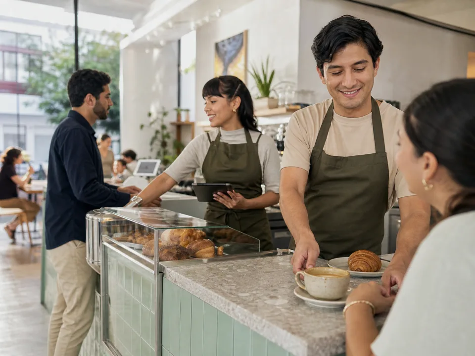 Equipo atendiendo pedidos en una cafetería