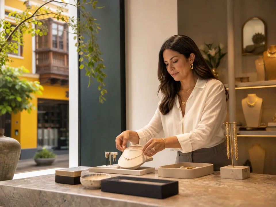 Emprendedora organizando la vitrina de su joyería