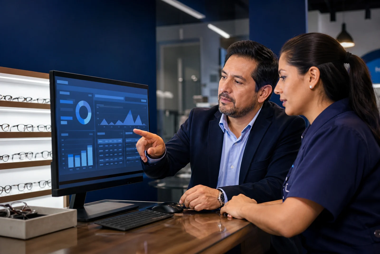 Equipo de una óptica consultando su información en un sistema compartido